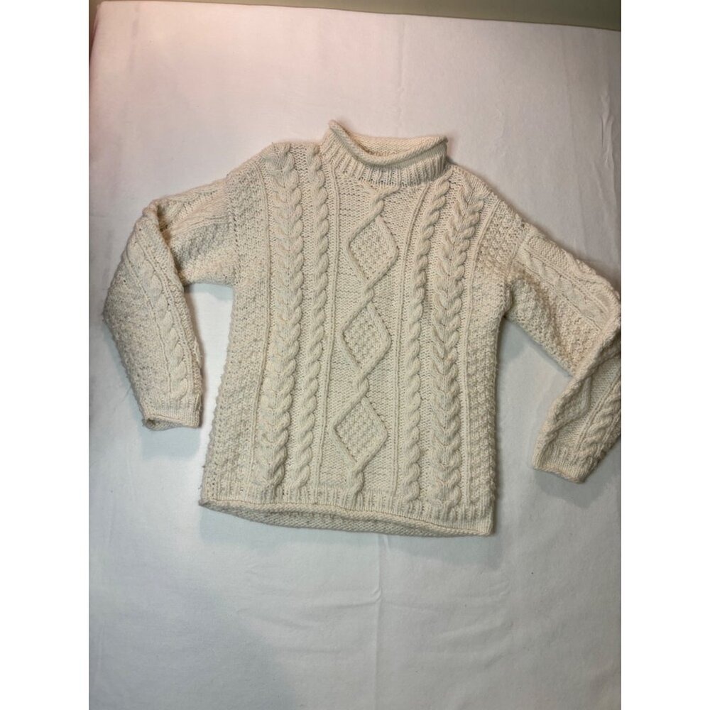 Handmade Cable Knit Sweater Womens M Cream Aran Wool Blend Mock Neck Excellent